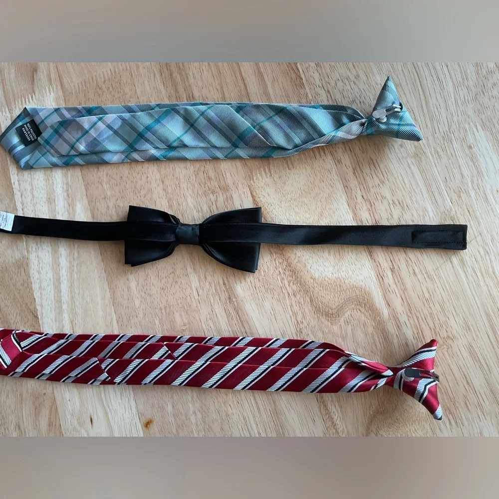 Lot x3 Clip-On Neckties Bow Ties Youth boys Black Blue Green Plaid Red Striped